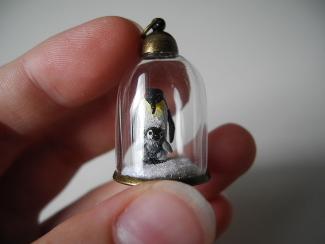Penguin Pendant – “A father’s love” - OOAK Biosphere Brass Pendant - Clear glass cylinder with a delicate handmade penguin family inside