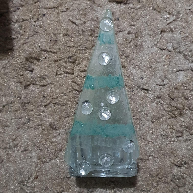 Medium Glass Xmas tree tealights - green bands rainbow baubles