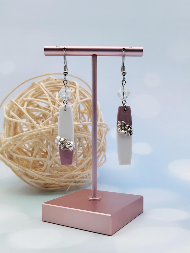 Boucles d'oreilles Pampille Vieux Rose, Blanc et Rocaille Argentée