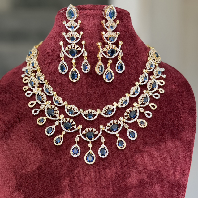 Royal Blue Stone AD Necklace Set in Gold Finish – Luxury Statement Jewellery 