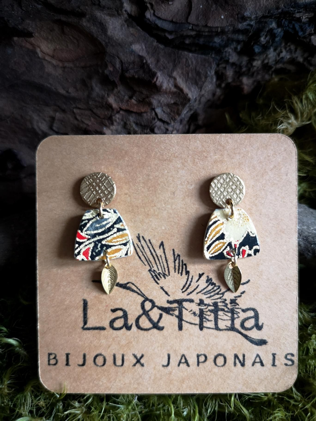 Boucles d'oreilles - puces - papier washi - fleurs - feuilles - laiton - La&Titia