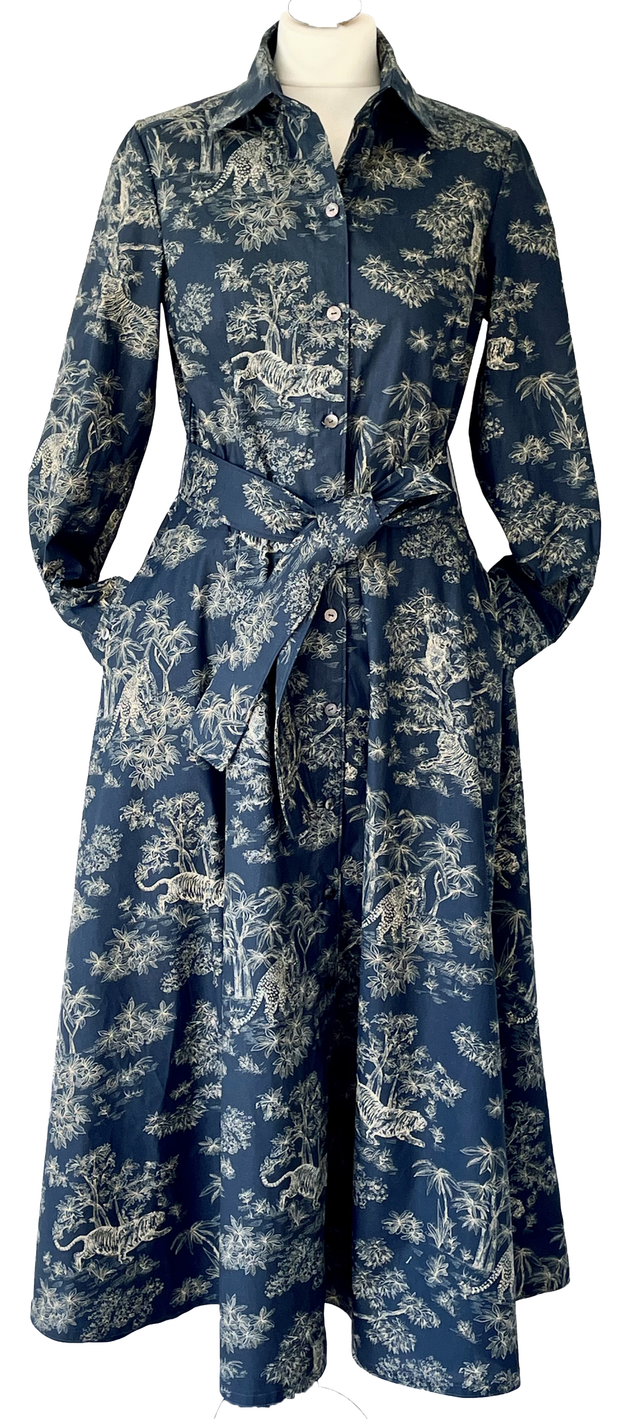 Robe chemise longue toile de Jouy bleu fonce et or - taille 40 (fr)