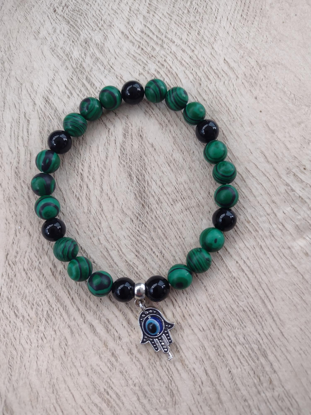 Green malachite 8 mm beaded stretch bracelet with black agate beads and hamsa hand charm