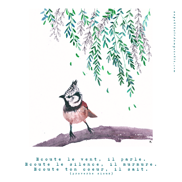 Carte postale mésange huppée Ecoute le vent, il parle.  Ecoute le silence, il murmure. Ecoute ton coeur, il sait. 
