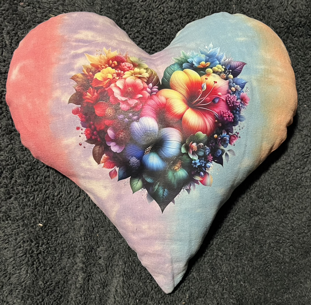 Hand tie dye cushion with flowers in heart 