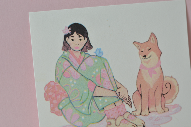 Carte carrée RISO La fille, le shiba et le papillon *imprimée au Japon*