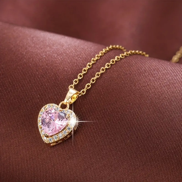 SILVER HEART SHAPED SYNTHETIC CUBIC ZIRCONIA NECKLACE AND CHARM