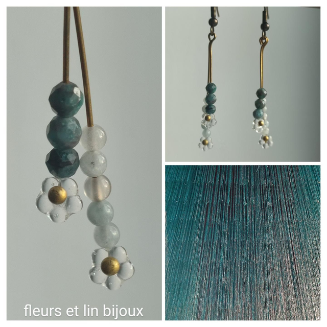 Z-Boucles d&#039;oreilles fleurs en verre transparent, perles aiguë marine et apatite ( pierre naturelle) sans nickel 