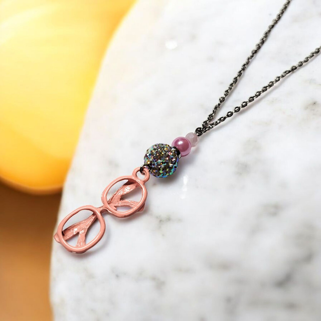 Collier acier inoxydable et cristal rose lunettes