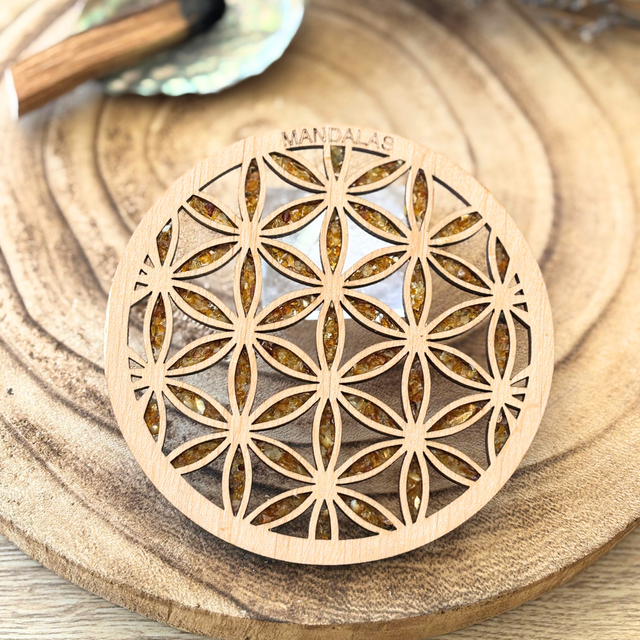 Fleur de vie en Bois incrustée d'Ambre - Rechargement toutes pierres