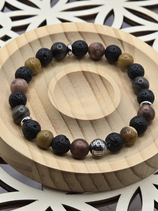 Bracelet Bois fossilisé et Pierre de lave 0,8 cm 