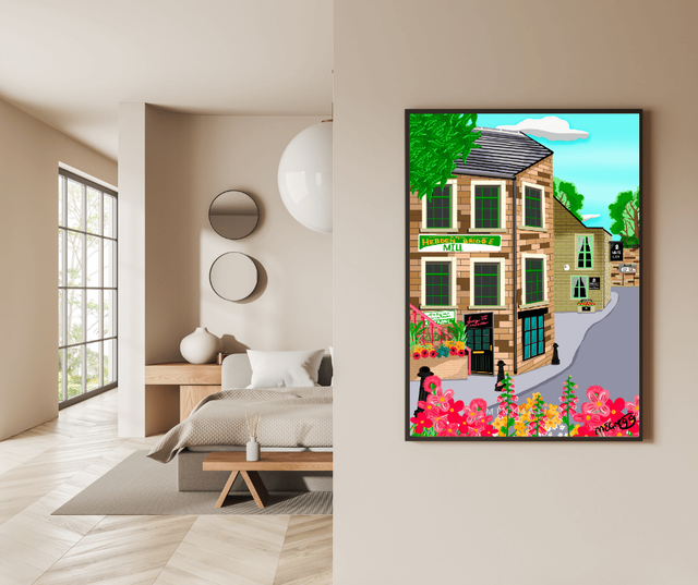 The Mill &amp; White Lion Pub, Hedben Bridge Art Print by Marie Gregg Illustrator 