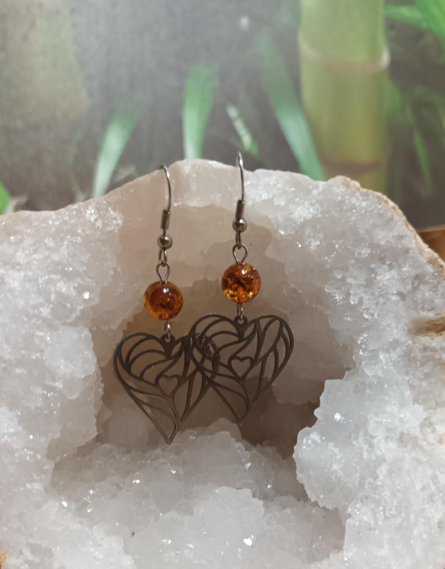 Boucles d'oreilles cœur en ambre