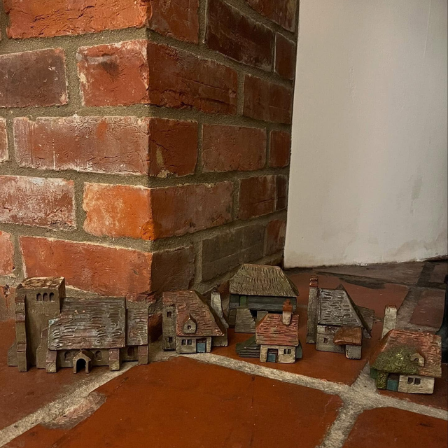 Early Scratch Made Wooden Village With Hand Painted Finish
