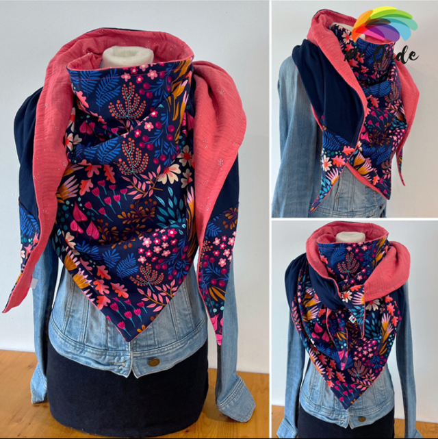 Maxi Chèche Été Happy Bliss Pink  doublée en polaire minky bleu marine 