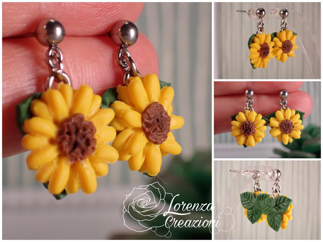 Orecchini pendenti girasole
con foglie