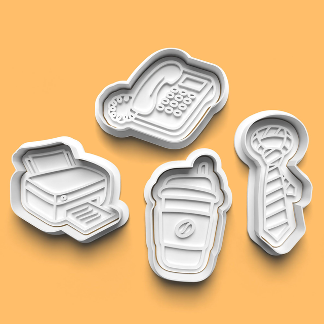 Office Party Cookie Cutter Embosser Set of 4 Cutters &amp; Stamps Biscuit Mould Debossed Sugar Biscuits