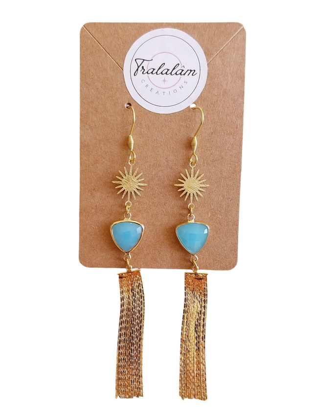✨Boucles d’oreilles &quot;longues franges cabochons triangles bleu lagon&quot;✨