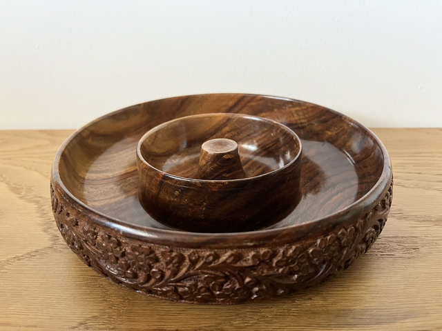 Sheesham Wood Table Double Snack Bowl Twin.