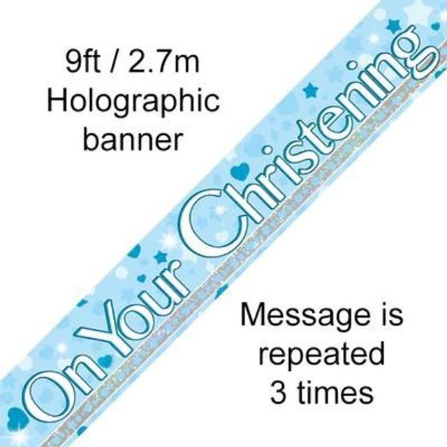 9FT BANNER CHRISTENING BLUE HOLOGRAPHIC DOT