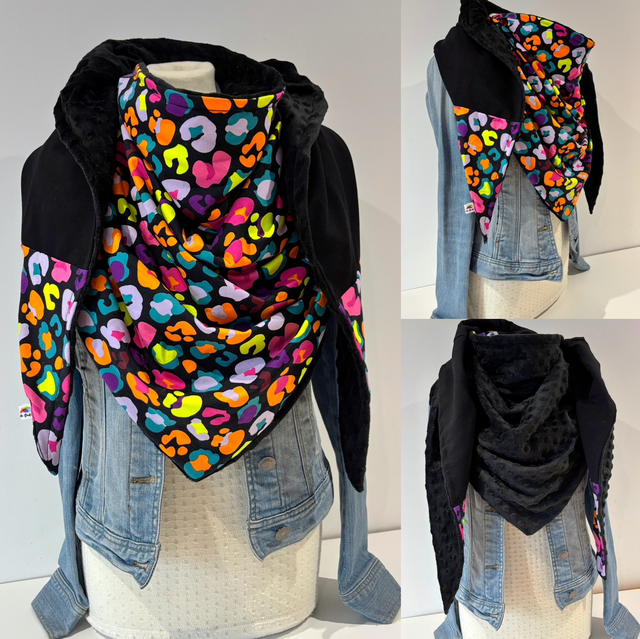Maxi chèche, châle , écharpe multicolore et noire doublée en polaire minky noire "Happy Zoya