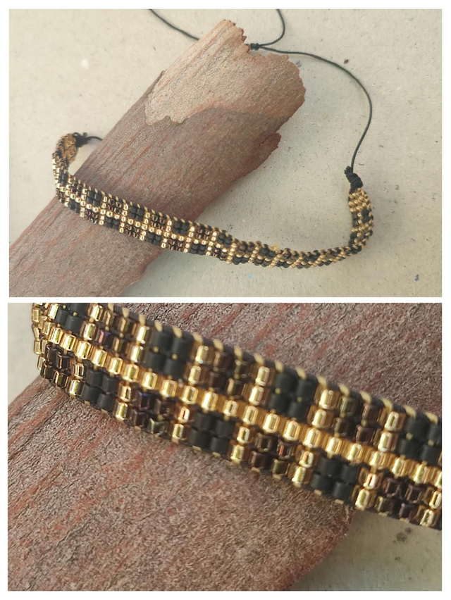 Bracelet tissé main en perles de verre miyuki noir, or &amp; cuivre, réglable et résistant 