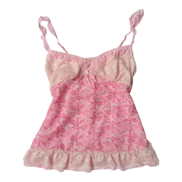 Japanese brand princess pink bow embroidered with lace cups cami 