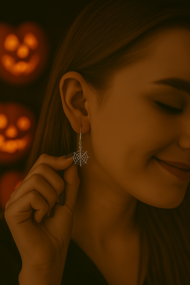 Cobweb Charm Earrings – Sterling Silver Spiderweb Jewellery for Halloween, Mystical Style &amp; Spiritual Symbolism