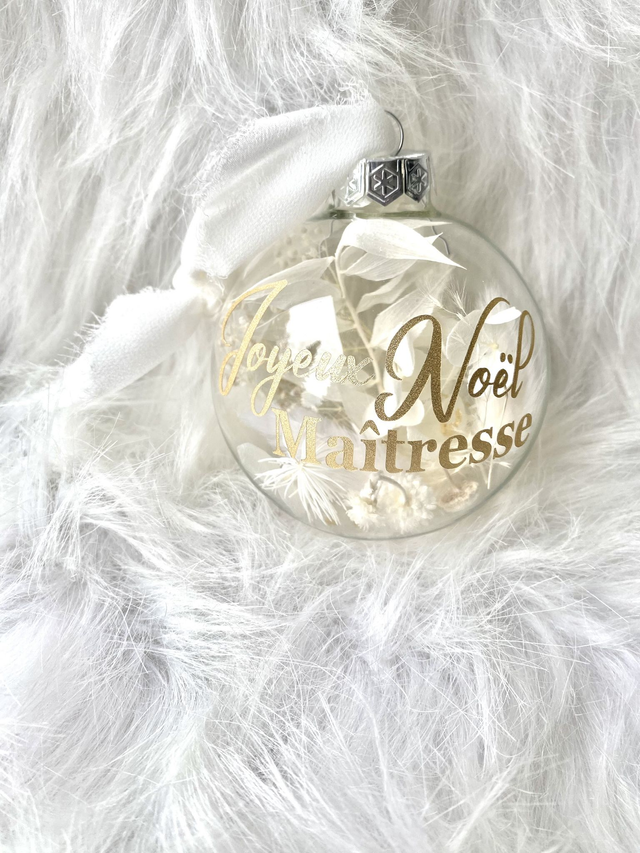 Boule de Noël fleurie JOYEUX NOEL MAITRESSE tons blancs écriture Or Pailleté 