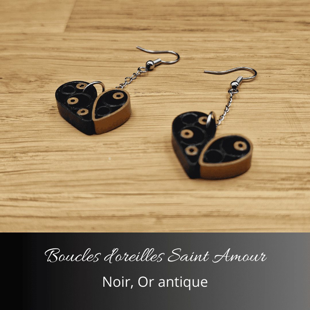 Boucles d'oreilles Saint Amour - Noir, or antique