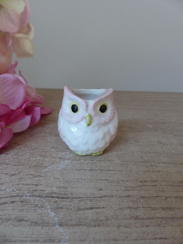 Porte-Pics Apéritif Chouette en Céramique – Figurine Hibou Blanche et Rose Vintage Japon | Petit Pot Déco Table Romantique