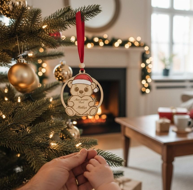 Boule de Noël en bois personnalisée - premier Noël, cadeau de naissance avec prénom, déco Ourson