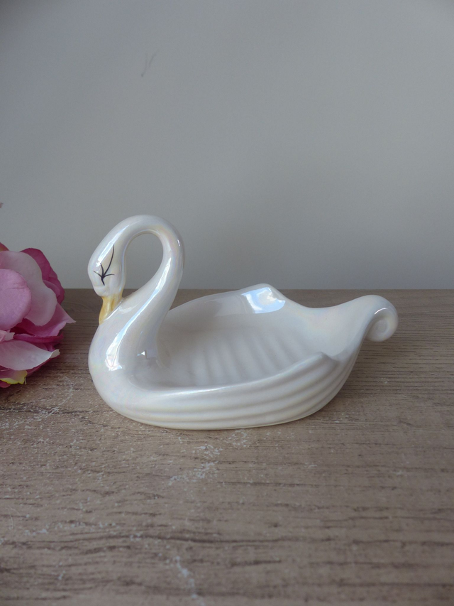 Porte-savon vintage en forme de cygne blanc irisé en céramique – Vide-poche, porte-bijoux ou porte-éponge Salle de bain, cuisine ou chambre