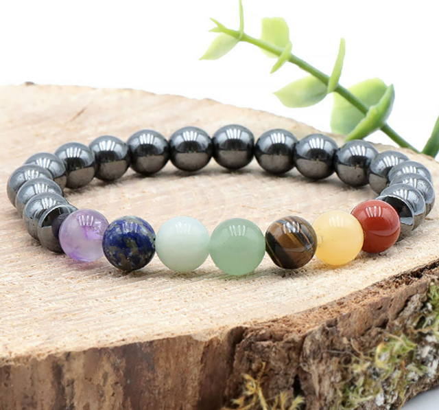 Bracelet 7 chakras et Hematite A perles de 8mm