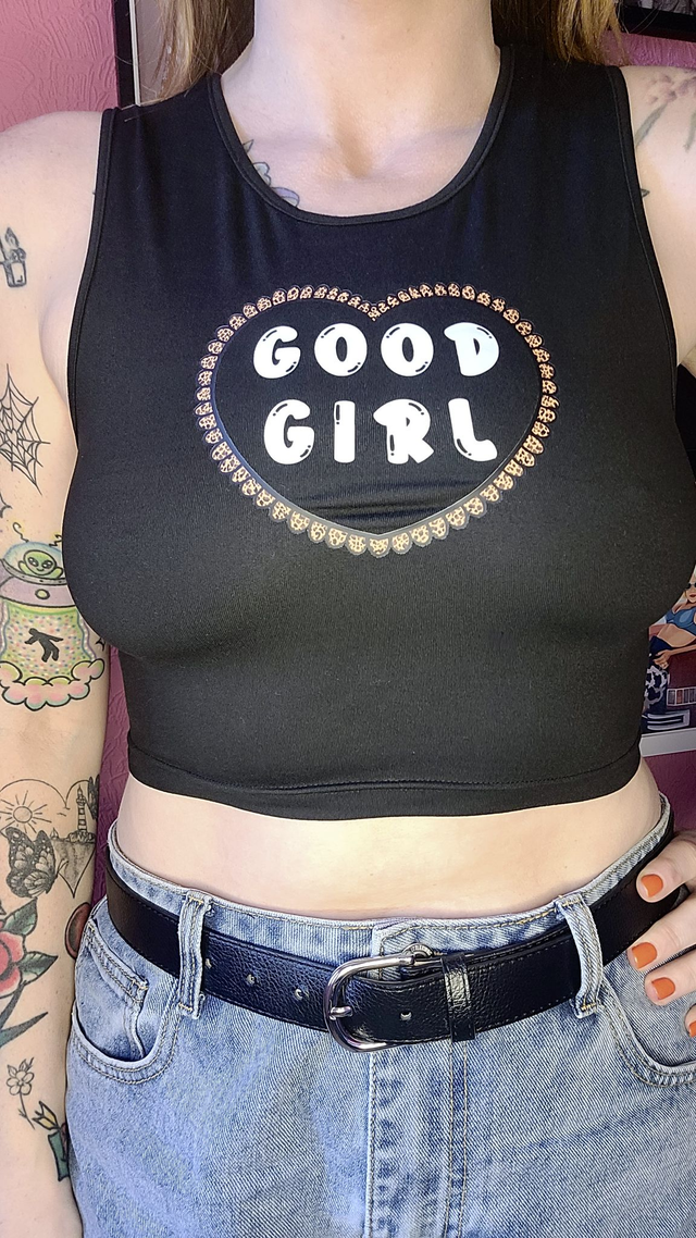 Good Girl Black Crop Vest – Alt Graphic Tank Top with Bold Heart Print | Stretchy Fit Sizes S‑XL