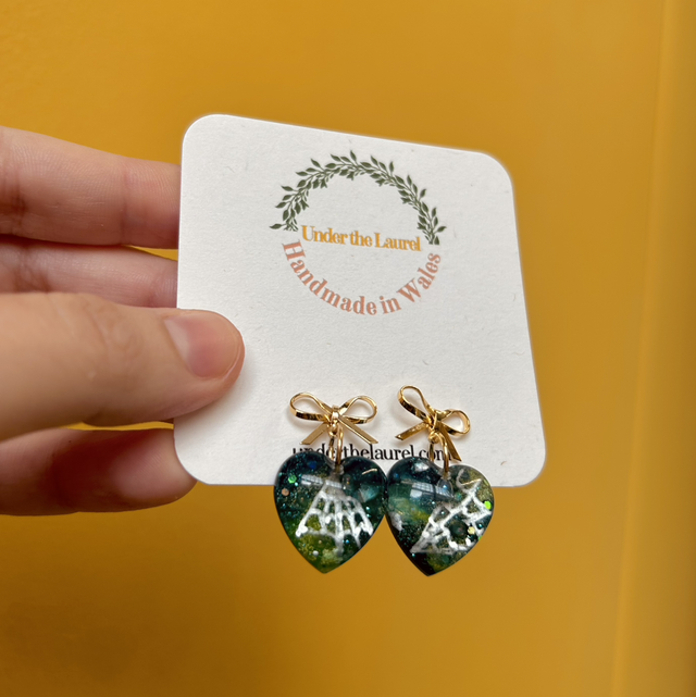 Spiderweb and Bow Heart Stud Earrings