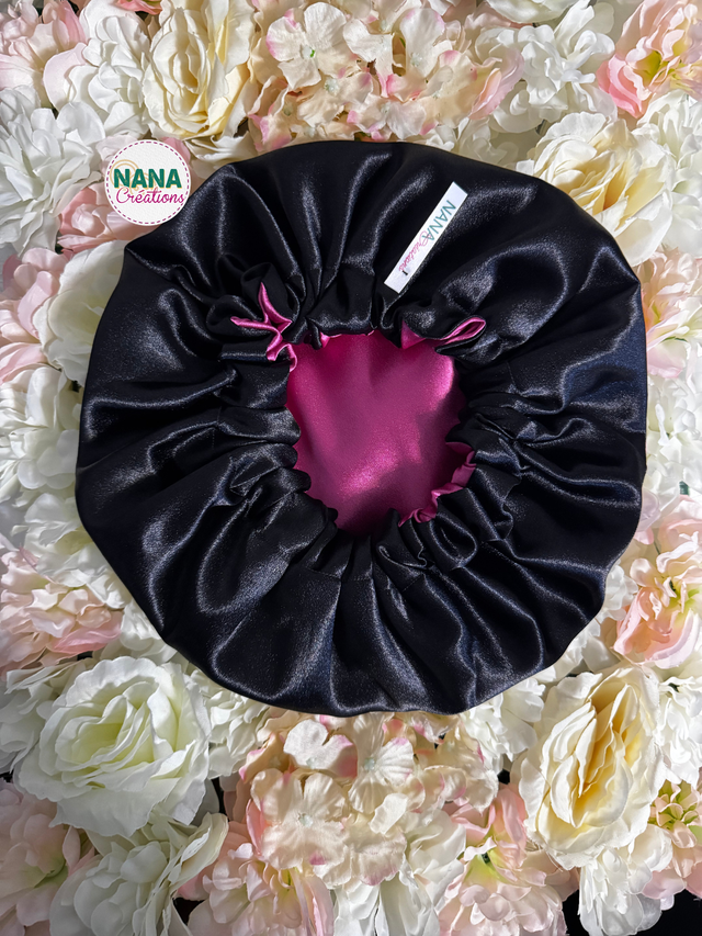 Pack Framboise - Bonnet satin réversible bicolore + 2 chouchous assortis | Fait main | Protection cheveux | Fuchsia et noir