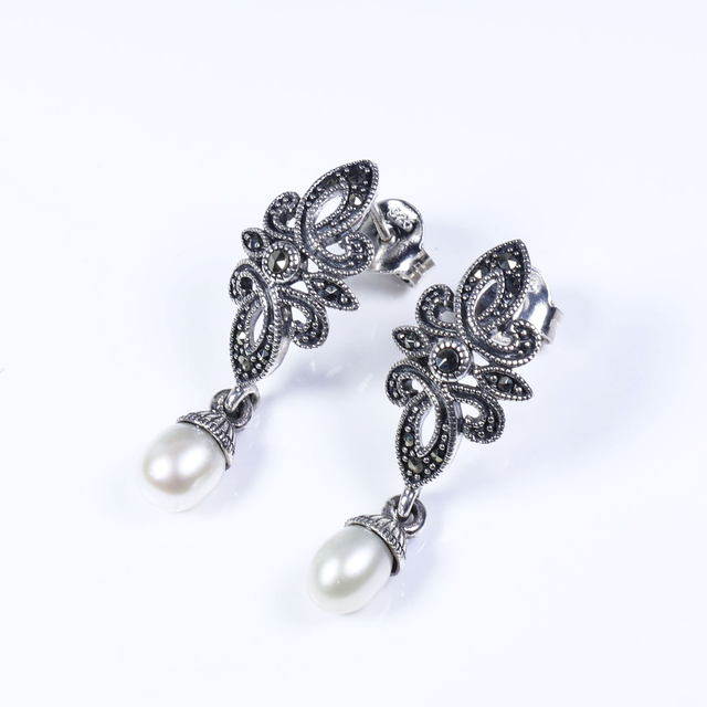 Pair of Sterling Silver 925 Art Deco Style Cream Coloured Fresh Water Pearl Marcasite Gemstone Star Design Drop Dangle Earrings