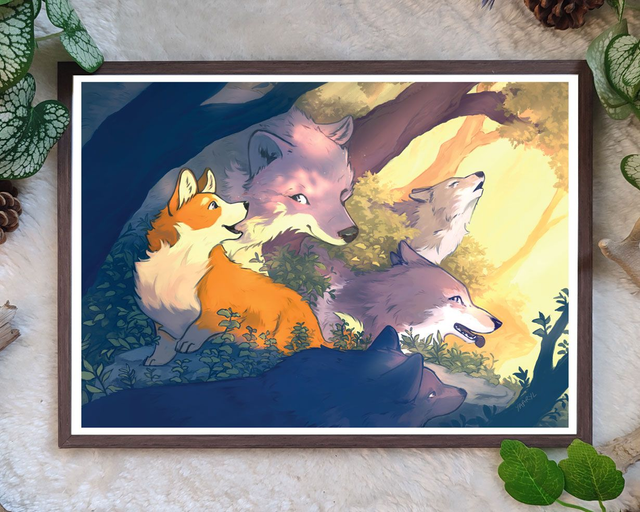 Tirage A4 Corgi parmi les Loups