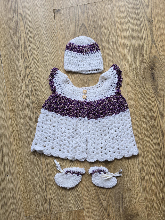 Crochet baby sleeveless cardigan, hat, booties set prem - newborn or doll
