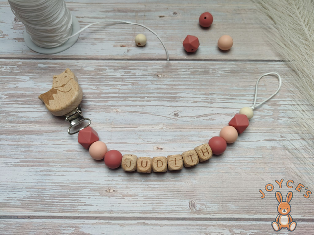 Attache tétine personnalisé pêche et terracotta - Modèle Judith - prénom 6 lettres max