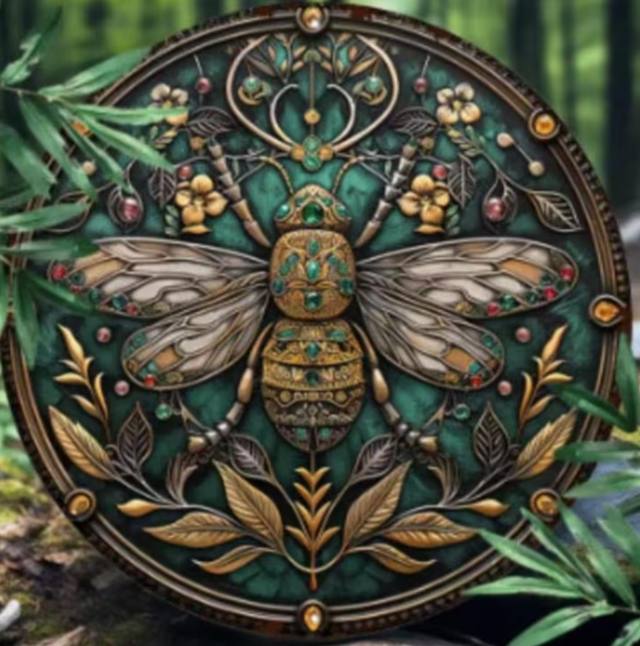 Vintage rond metalen bord Art Nouveau Bij (20cm)