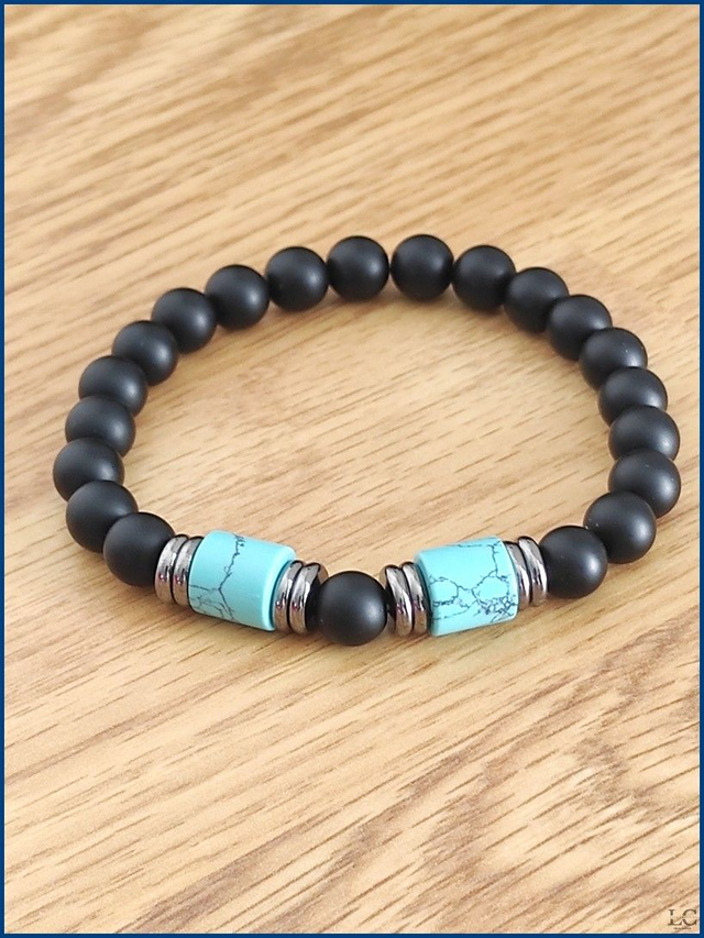 Bracelet Turquoise cylindrique et Agate noire 