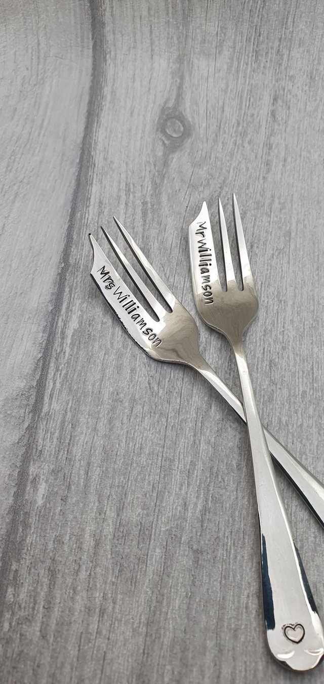 Handstamped vintage silver plated cake fork pair