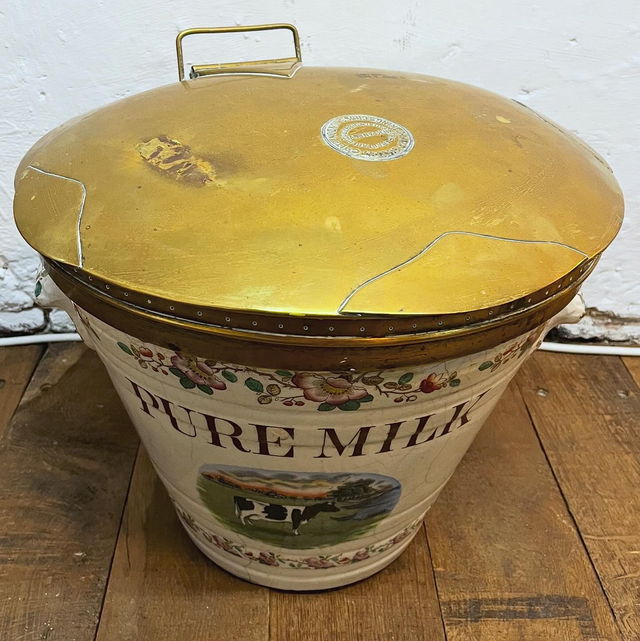 A Late Victorian Dairy Ironstone Milk Pail And Original Patented Brass Cover by The Dairy Outfit Company Ltd of King’s Cross, London