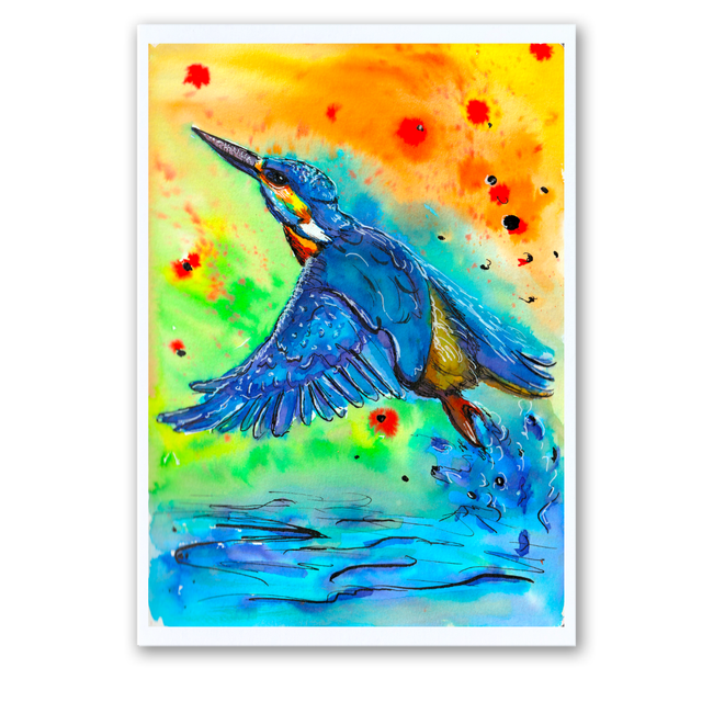 A5 Kingfisher emerging from water watercolour ink print