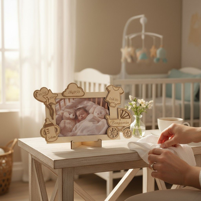 Cadre photo personnalisé en bois gravé – décor biberon et landau pour enfant
