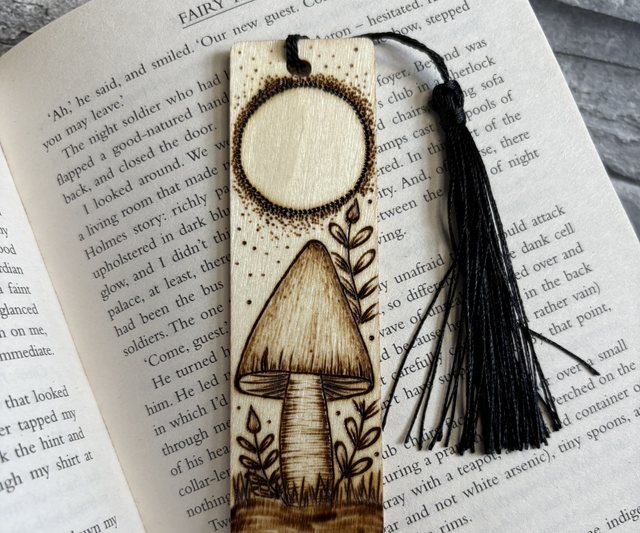 Mushroom and full moon bookmark. Pyrography. Handburnt. 