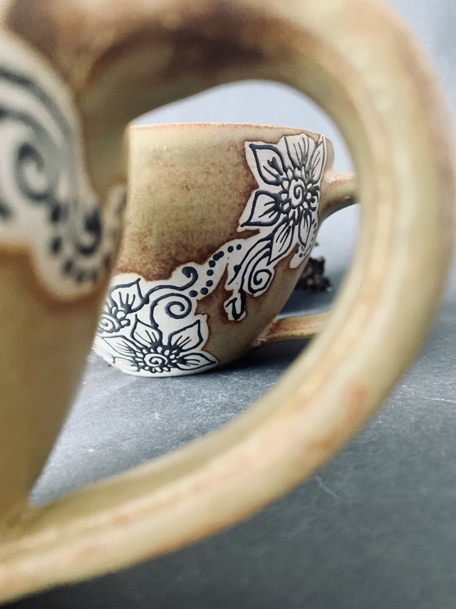Ceramic Cup with Henna Patterns, wide-rim, handmade, Designer Piece