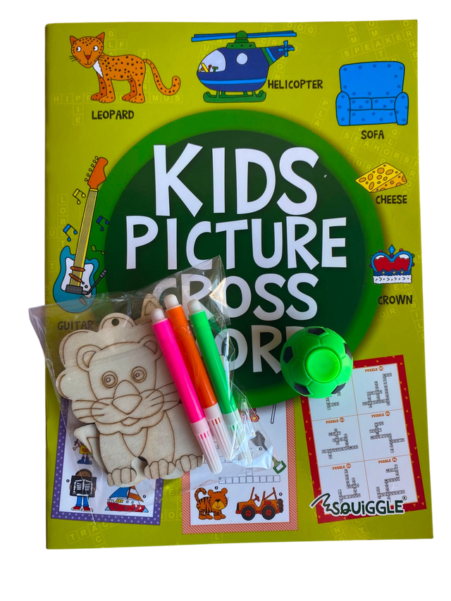 Kids Picture Crossword Set – Activity Book, Wooden Lion Craft, Markers &amp; Football Toy  